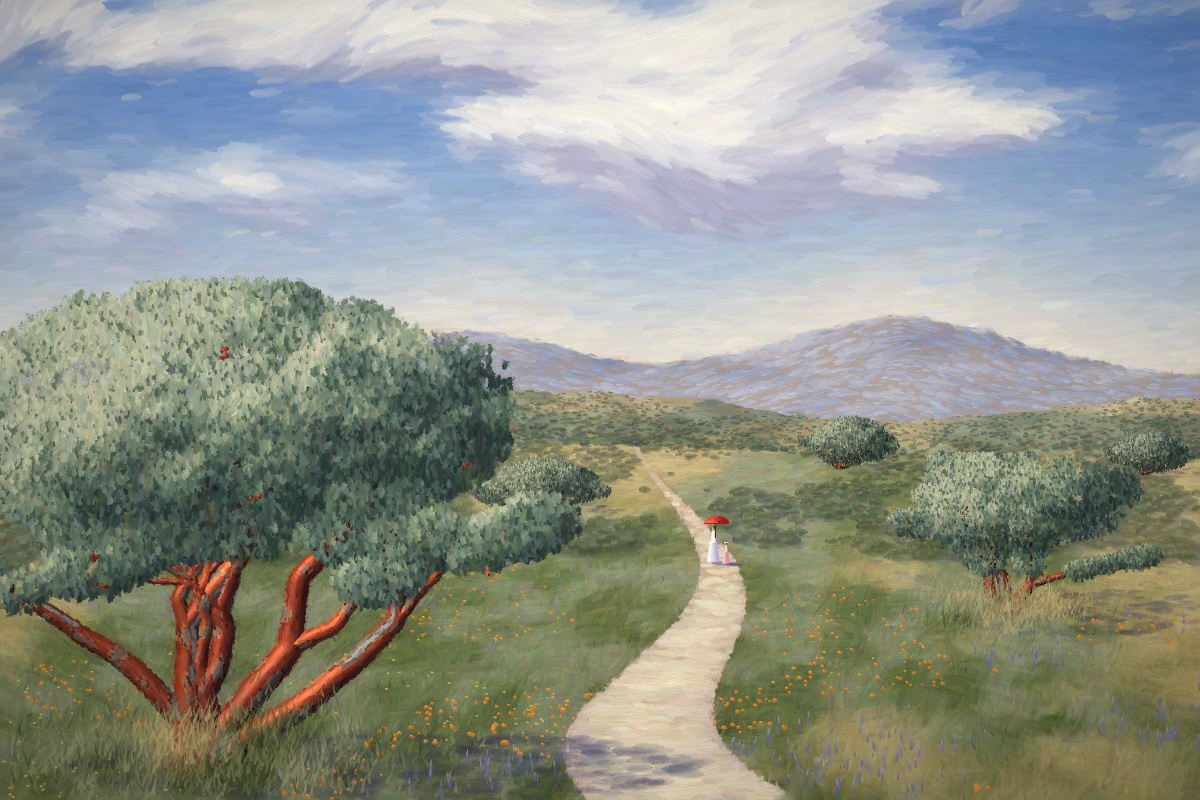 An impressionist painting of manzanitas with twisting red trunks and gray-green crowns beside a sandy path, with a figure under a red parasol and blue hills beyond
